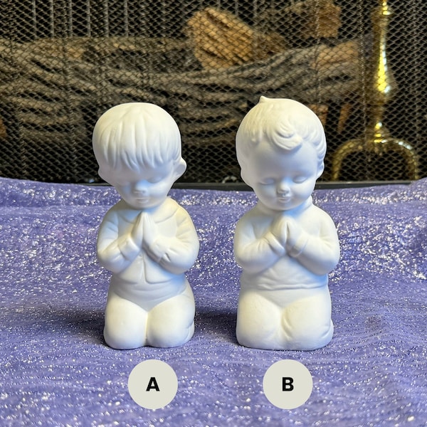 Ceramic Praying Boy Statues In PJ, Unpainted Ceramic Children Figurines, Bisque Precious Looking Children Figurines Vintage Replica, 1980s