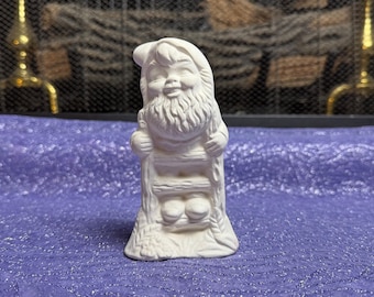 Ceramic Gnome Figurine, Unpainted Ceramic Bisque Garden Gnome On A Latter Ready To Paint Gnome Lover Gift for Gnome Collector