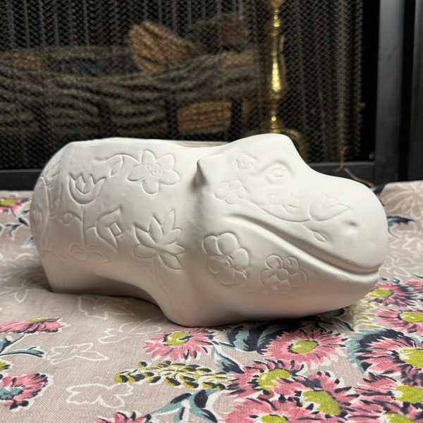 Ceramic Hippo Planter, Unpainted Ceramic Bisque, Flower Pot, 1970, 1980