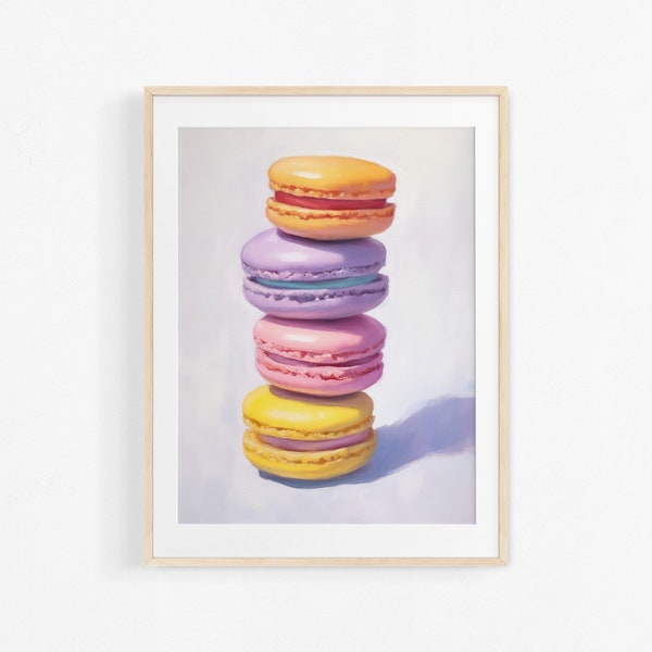 Peinture de macarons à l'aquarelle. Illustration de pâtisserie française. Affiche colorée pour cuisine.