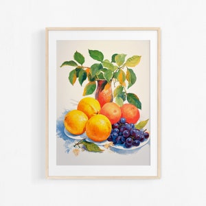 Acrylic painting of fruits. Still life of oranges and grapes. Decorative interior illustration. Colorful poster.