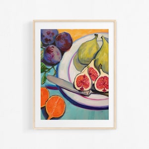 Acrylic painting of fruits. Still life of figs and pears. Decorative interior illustration. Colorful poster.