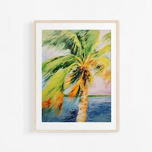 Palm tree. Gouache painting. Tropical tree illustration. Colorful poster.