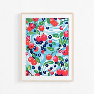 Berry painting. Gouache fruit poster. Modern illustration. Colorful poster.
