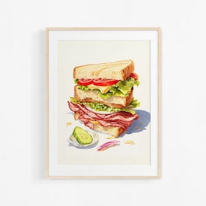 Sandwich. Watercolor painting. Interior decorative illustration. Colorful poster for kitchen.