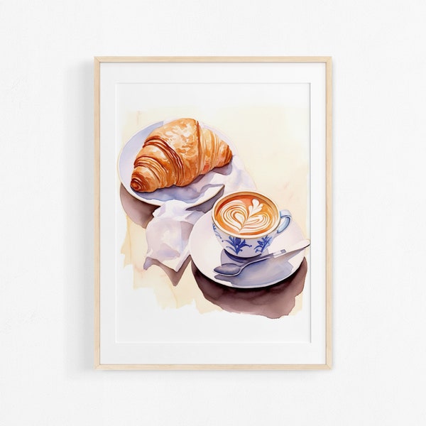 Croissant und Kaffee. Aquarellmalerei. Illustration von französischem Gebäck. Buntes Poster für die Küche.