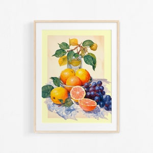 Acrylic painting of fruits. Still life of oranges and grapes. Decorative interior illustration. Colorful poster.