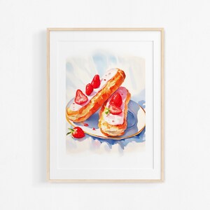 Strawberry eclairs painting. French pastry illustration. Colorful poster for kitchen.