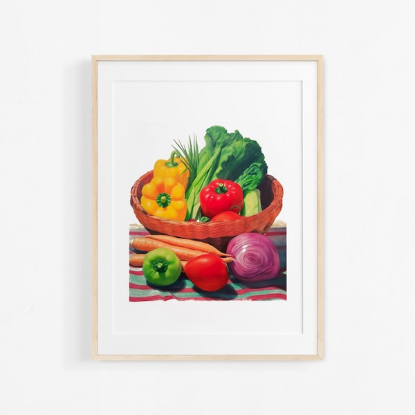 Panier de légumes. Peinture acrylique. Illustration de légumes. Affiche colorée pour cuisine.
