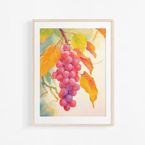 Watercolor grapes painting. Decorative kitchen poster. Fruit illustration. Colorful poster.