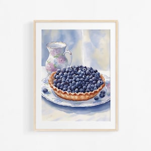 Watercolor blueberry pie painting. French pastry illustration. Colorful poster for kitchen.
