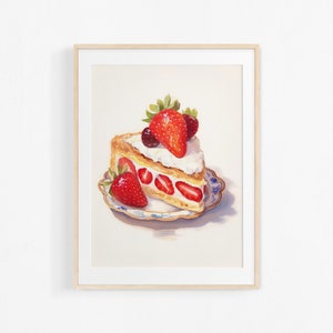 Watercolor strawberry and cream cake painting. French pastries illustration. Colorful poster for kitchen.