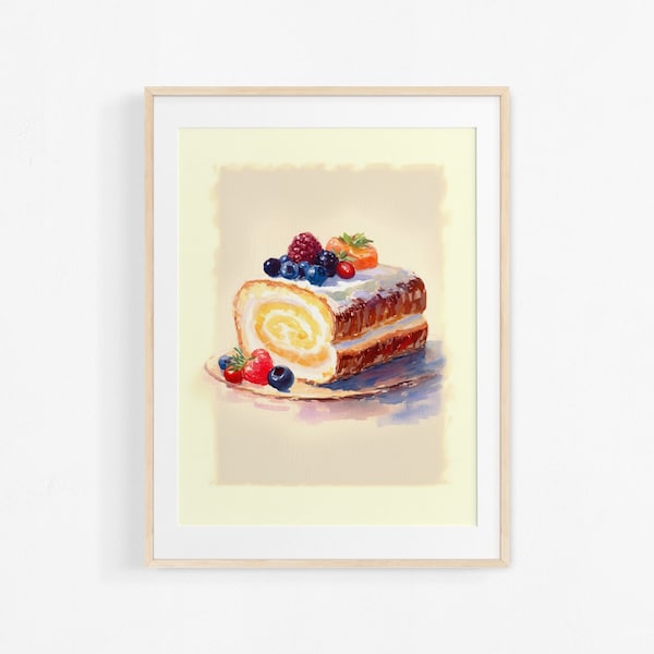 Peinture d'une bûche aux fruits à l'aquarelle. Illustration de pâtisserie française. Affiche colorée pour cuisine.