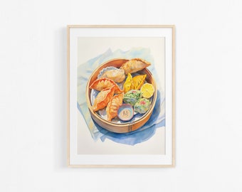 Gyozas and donuts. Watercolor painting. Japanese cuisine illustration. Colorful poster for kitchen.