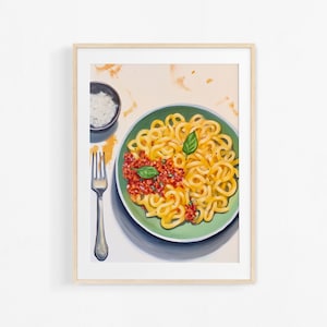 Spaghetti bolognese. Gouache painting. Illustration of Italian cuisine. Colorful poster for kitchen.