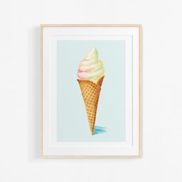 Vanilla ice cream cone. Watercolor painting. Illustration of strawberry and vanilla ice cream. Colorful poster for kitchen.