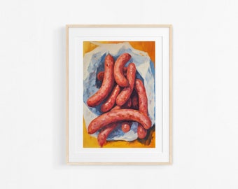 Sausages. Acrylic paint. Meat illustration. Colorful poster for kitchen.