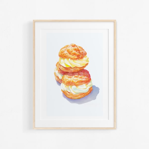 Peinture de choux à la crème à l'aquarelle. Illustration de pâtisserie française. Affiche colorée pour cuisine.