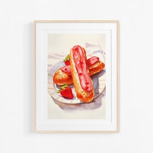 May include: Two eclairs with pink icing and a strawberry on a white plate with a light blue and white pattern. The eclairs are on a white tablecloth.