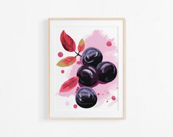 Painting of plums. Gouache fruit poster. Modern illustration. Colorful poster.