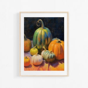 Pumpkins. Acrylic painting. Vegetable still life. Colorful poster for kitchen.