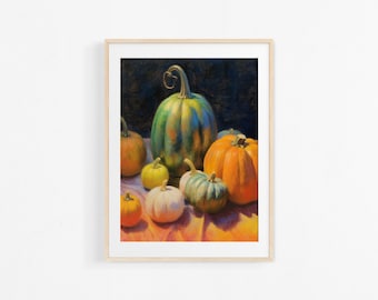 Pumpkins. Acrylic paint. Still life of vegetables. Colorful poster for kitchen.