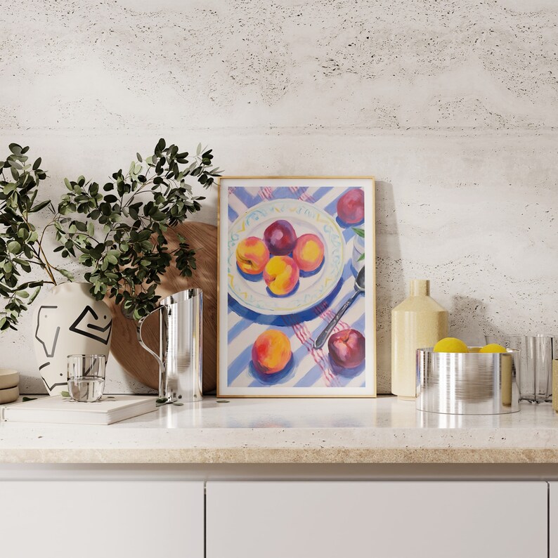 Acrylic fruit painting. Still life of plums. Interior decorative illustration. Colorful poster. image 2