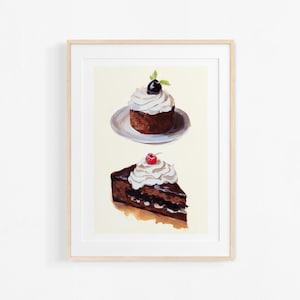 Watercolor chocolate cake painting. French pastry illustration. Colorful poster for kitchen.
