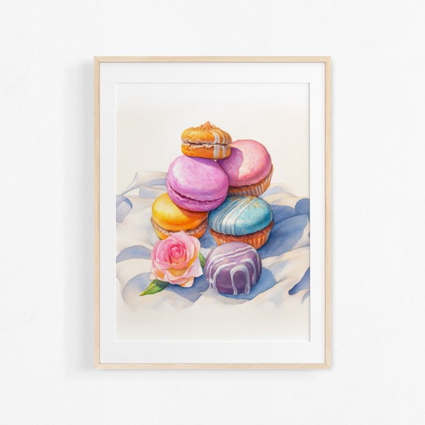 Peinture de macarons à l'aquarelle. Illustration de pâtisserie française. Affiche colorée pour cuisine.