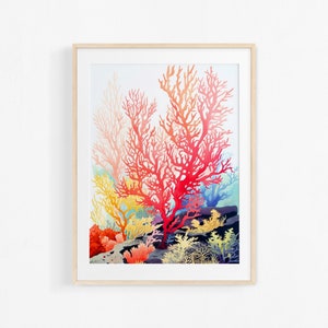 Coral painting. Seabed poster in gouache. Interior decorative illustration. Colorful poster.