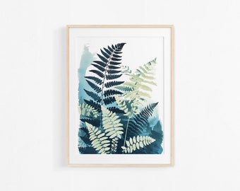 Painting of ferns in gouache. Plant poster. Botanical illustration. Colorful poster.