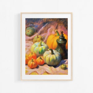 Pumpkins. Acrylic painting. Vegetable still life. Colorful poster for kitchen.