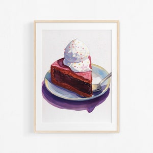 Aquarellmalerei von Schokoladenfondant und Eiskugel. Illustration des französischen Gebäcks. Buntes Poster für die Küche.