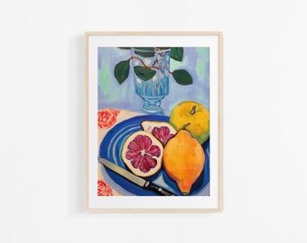 Acrylic fruit painting. Still life of citrus fruits. Interior decorative illustration. Colorful poster.