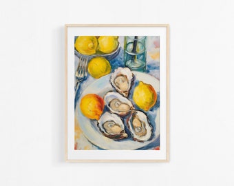 Oysters. Acrylic paint. French cuisine illustration. Colorful poster for kitchen.