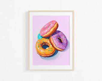 Watercolor painting of donuts. Pastry illustration. Colorful kitchen poster.