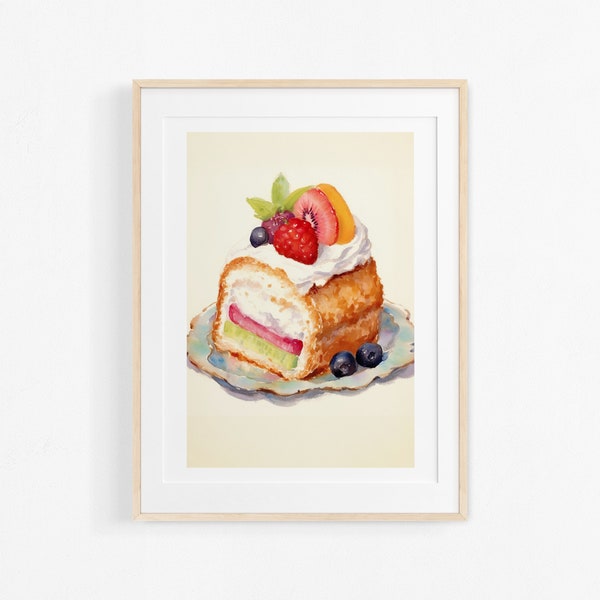 Peinture de bûche aux fruits à l'aquarelle. Illustration de pâtisserie française. Affiche colorée pour cuisine.