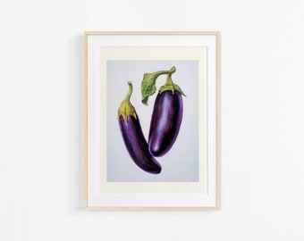 Eggplants. Acrylic paint. Illustration of vegetables. Colorful poster for kitchen.