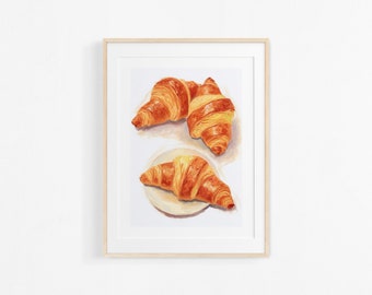 Croissants. Watercolor painting. Illustration of French pastries. Colorful poster for kitchen.