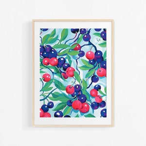 Berry painting. Gouache fruit poster. Modern illustration. Colorful poster.