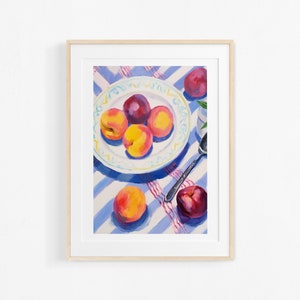 Acrylic fruit painting. Still life of plums. Interior decorative illustration. Colorful poster. image 1