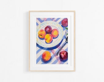 Acrylic fruit painting. Still life of plums. Interior decorative illustration. Colorful poster.