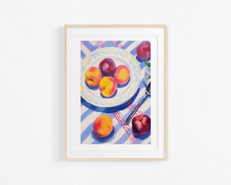 Acrylic fruit painting. Still life of plums. Interior decorative illustration. Colorful poster. image 1