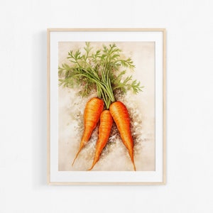 Könnte beinhalten: Ein Aquarellbild von drei orangefarbenen Karotten mit grünen Blättern auf einem hellbraunen Hintergrund.