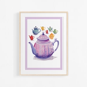 Watercolor painting of teapots. Composition of teapots. Decorative interior illustration. Colorful poster.
