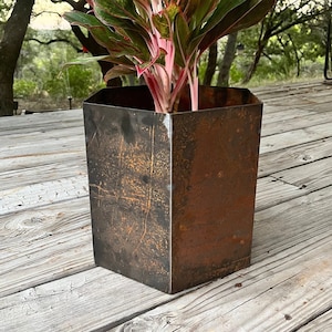 Hexagon Planter Pots, Patina Metal with Drainage and Drain Pan/Saucer