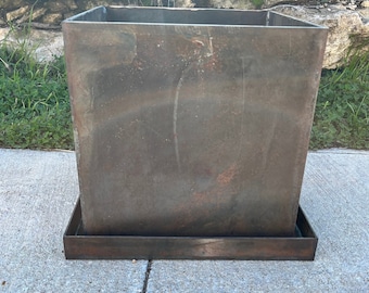 Patina Metal Planter Box with Drain Pan/Saucer