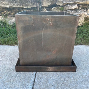 Patina Metal Planter Box with Drain Pan/Saucer