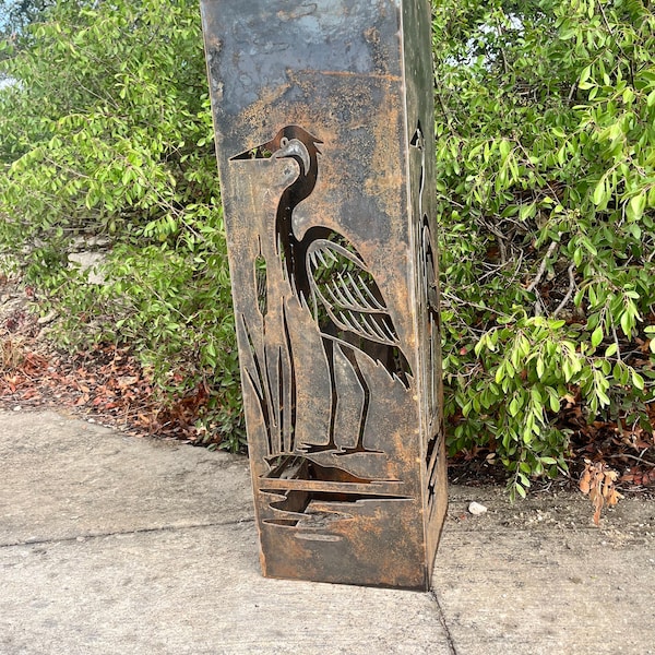 Heron and Cattail Garden Column, Well Cover, Metal Yard Art, Outdoor Lantern