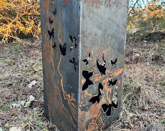 Swooping Butterfly Garden Column, Well Cover, Metal Yard Art, Outdoor Lantern